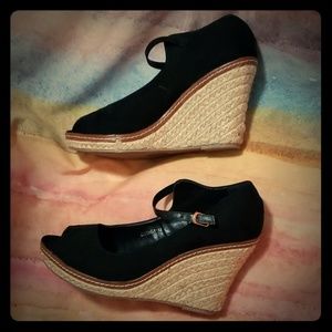 Black Suede Ankle Strap Peep Toe Espadrille Wedges